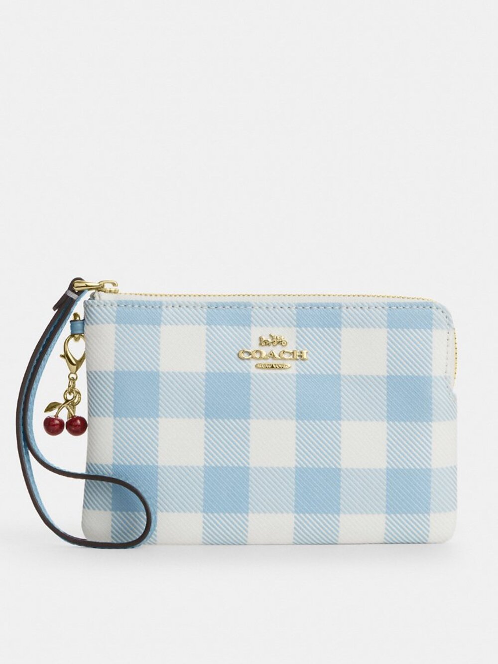 Coach Corner Zip Wristlet With Gingham Print And Charm